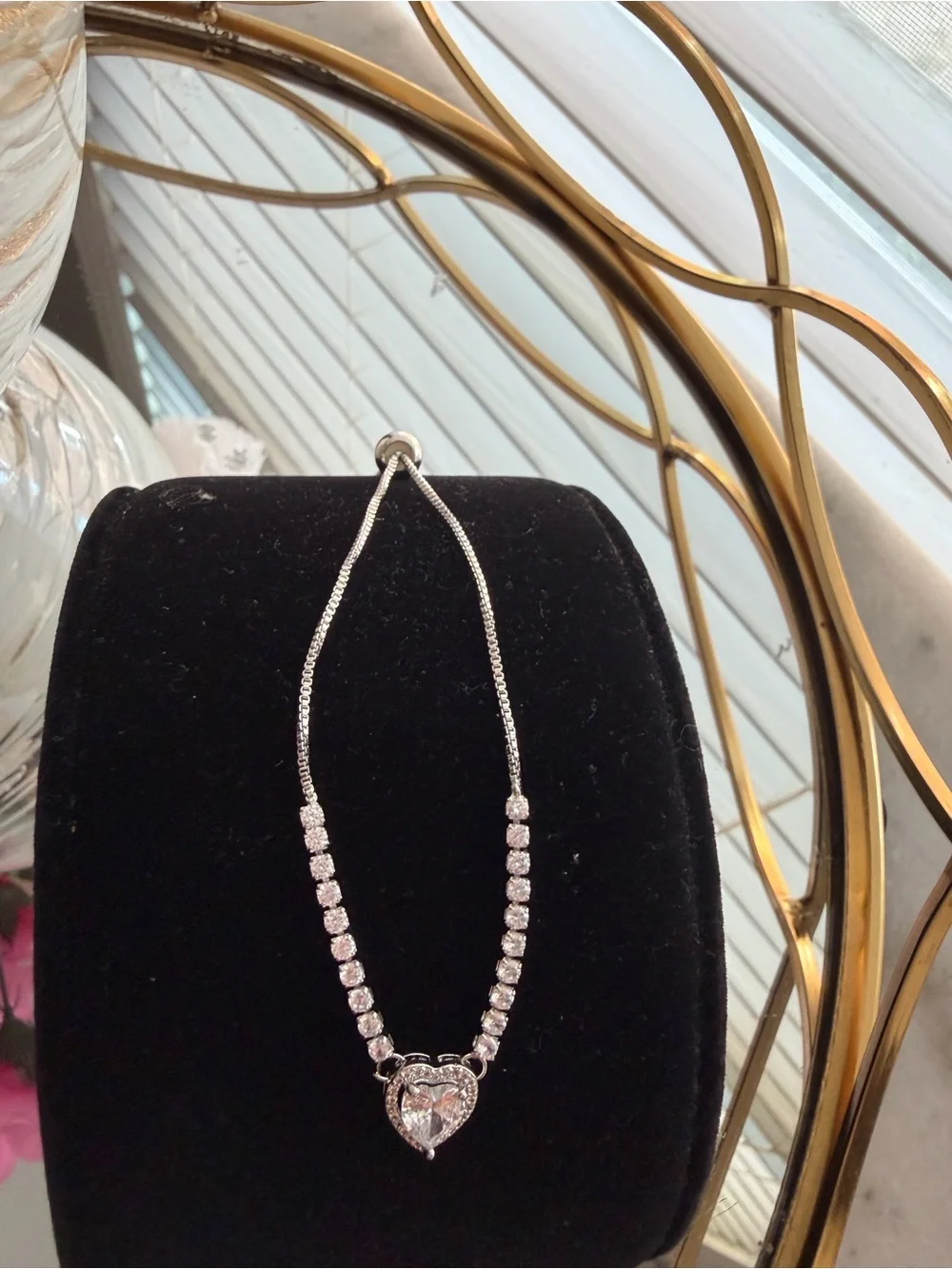 Women's Silver Heart Pendant adjustable bracelet with Clear Stones